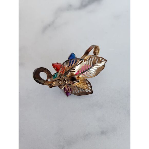 Vintage brooch floral multicolored gemstone rhinestone golden lightweight - Picture 3 of 4